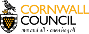 Cornwall Council logo, subheading reads One and All in English and Cornish