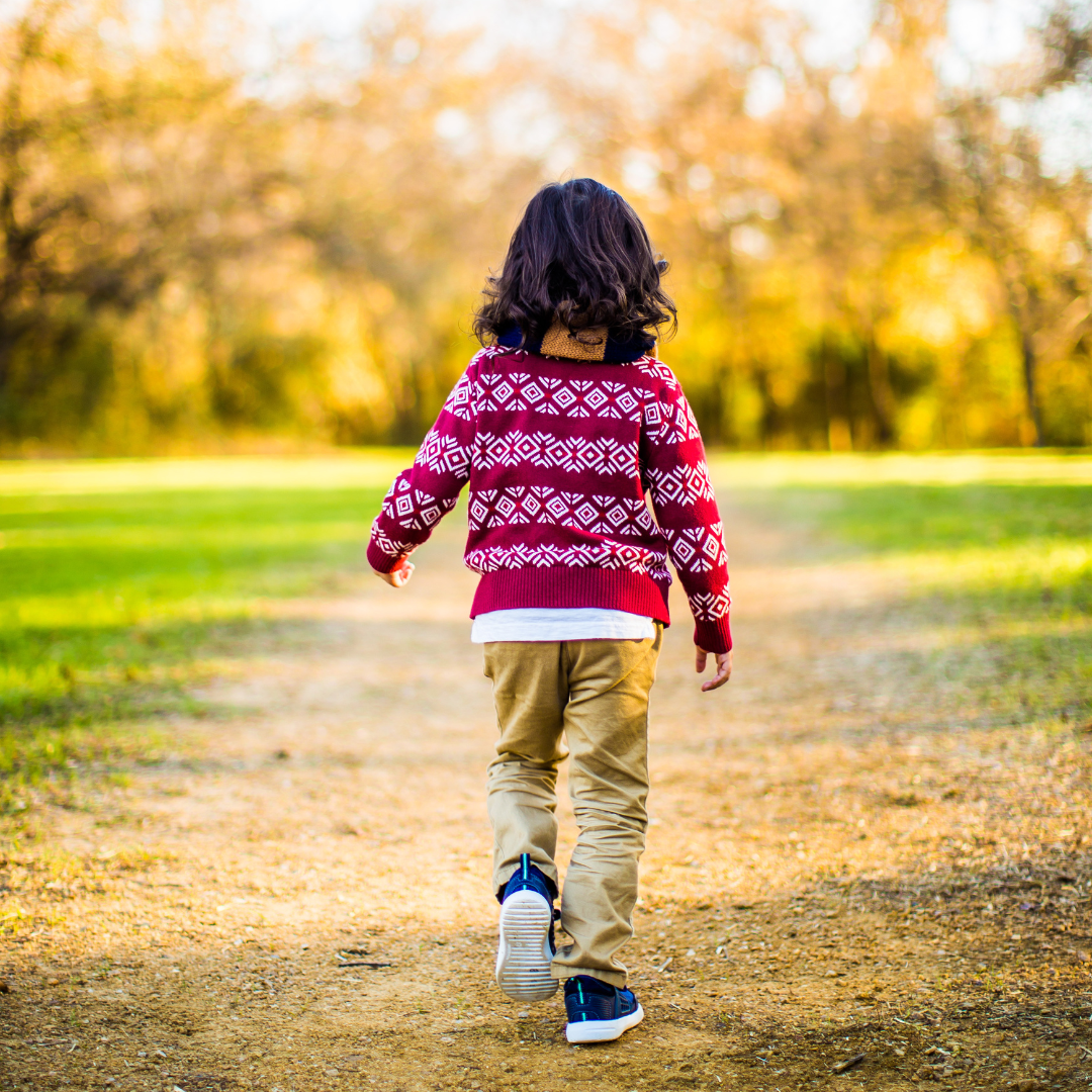 The image shows a young child walking in a park facing away camera. They have dark hair, a dark red jumper and brown trousers.