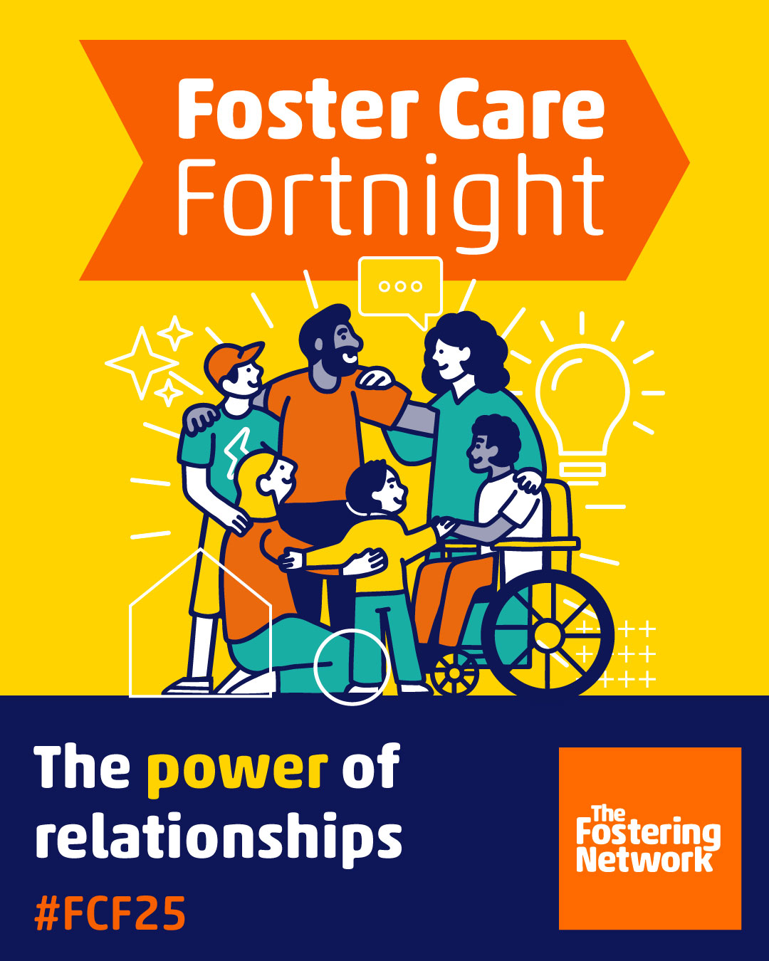 The image shows icons of varying people over a yellow and dark blue background. The header reads "Foster Care Fortnight", the footer reads "The Power of Relationships"