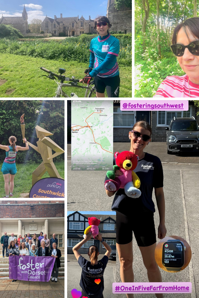 The image is a collage of 5 pictures that highlights themes of fostering, community engagement, and outdoor activity. The pictures show people completing the 45000 step campaign. Here's a breakdown of its key elements:
Top Left: A person with a bicycle in front of a large historic building surrounded by greenery.
Top Right: A person in a pink striped shirt standing in a wooded area.
Middle Left: A lady near an abstract sculpture, one holding an Olympic-style torch. A sign reads "parkrun Southwick Country Park."
Middle Centre: A Strava map showing a 20-mile route completed in 3 hours and 35 minutes at a pace of 10:41 per mile.
Middle Right: A person wearing a "Fostering Southwest" t-shirt holding colourful stuffed teddy, standing in a residential area.
Bottom Left: A group holding a purple banner that says "foster with Dorset Council."
Bottom Center-Right:
One photo shows the back of a person holding stuffed animals, again in a "Fostering Southwest" t-shirt. Another is a close-up of a smartwatch showing:
Steps: 47,438
Distance: 25.67 miles
Flights Climbed: 123