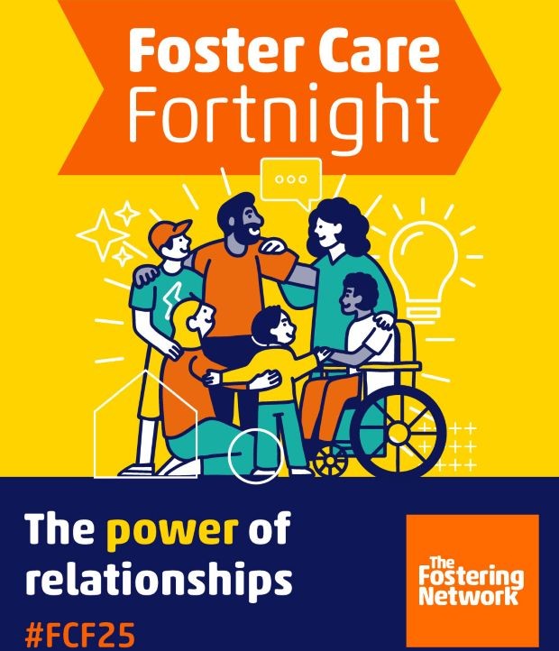 The image shows icons of varying people over a yellow and dark blue background. The header reads "Foster Care Fortnight", the footer reads "The Power of Relationships"