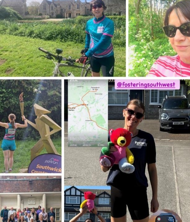 The image shows in the top left a person in a blue top holding a bike stood in a field in front of some houses, on the right of her is a selfie of a woman in a pink striped top wearing glasses. Bottom right is a picture of a woman holding a Mood Bear dressed in running gear. Left of her there is a group shot of people in front of a building, and a woman holding an Olympic style torch.