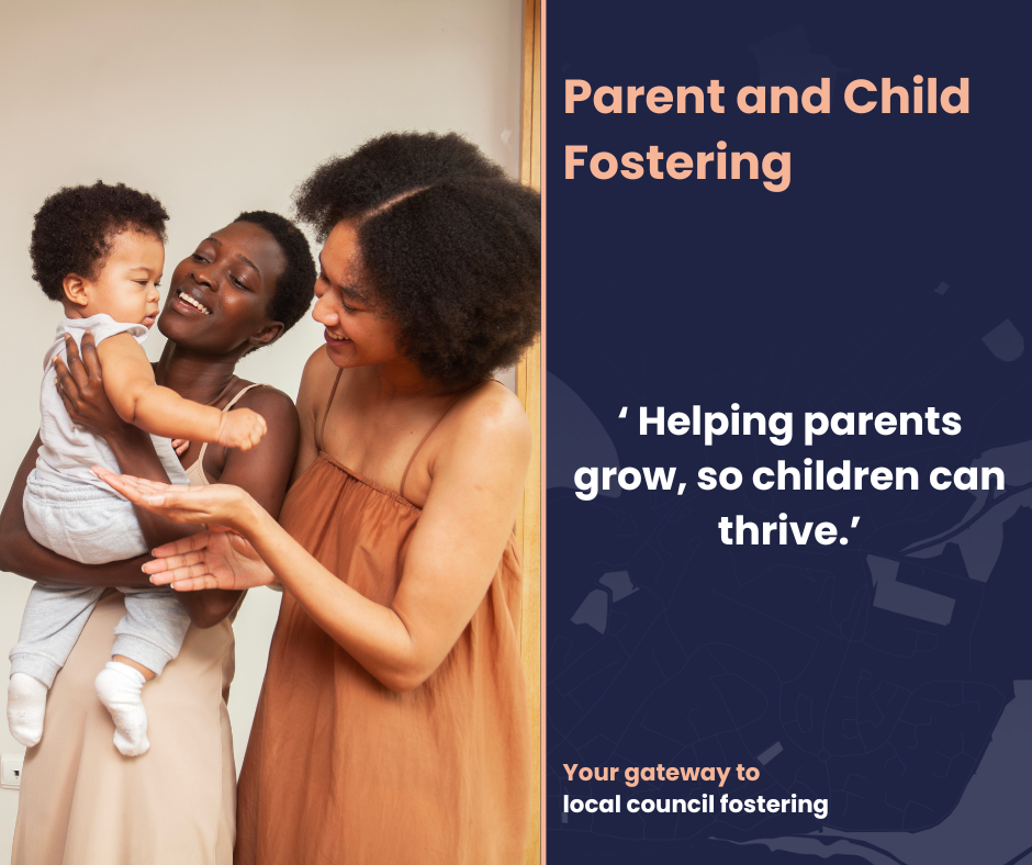 The picture features a plain, neutral background with three individuals: two adults and one child. One adult is holding the child, while the other is reaching out toward them. One adult is wearing an orange dress and the other is wearing a cream dress. On the right side of the image, there's a message that reads:
"Parent and Child Fostering"
"Helping parents grow, so children can thrive."
Your gateway to local council fostering