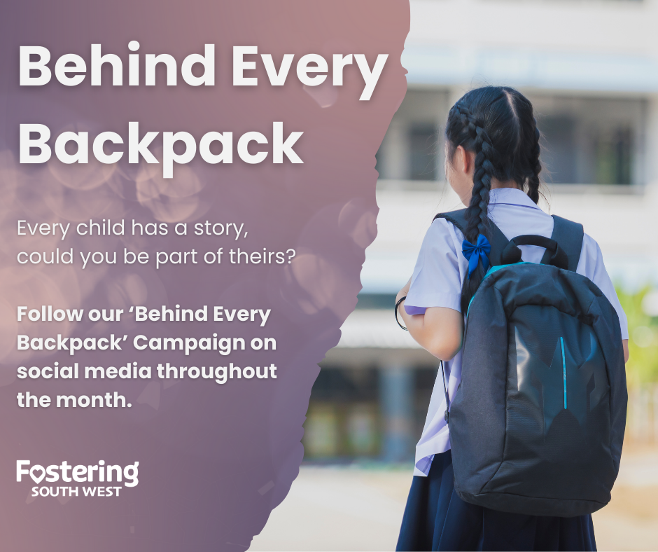 features a child in a school uniform with braided hair, walking away from the camera while carrying a large black backpack. The background is softly blurred, drawing attention to the child and the message. On the left side, bold text reads:
Behind Every Backpack
Every child has a story, could you be part of theirs?
Follow our 'Behind Every Backpack' Campaign on social media throughout the month.