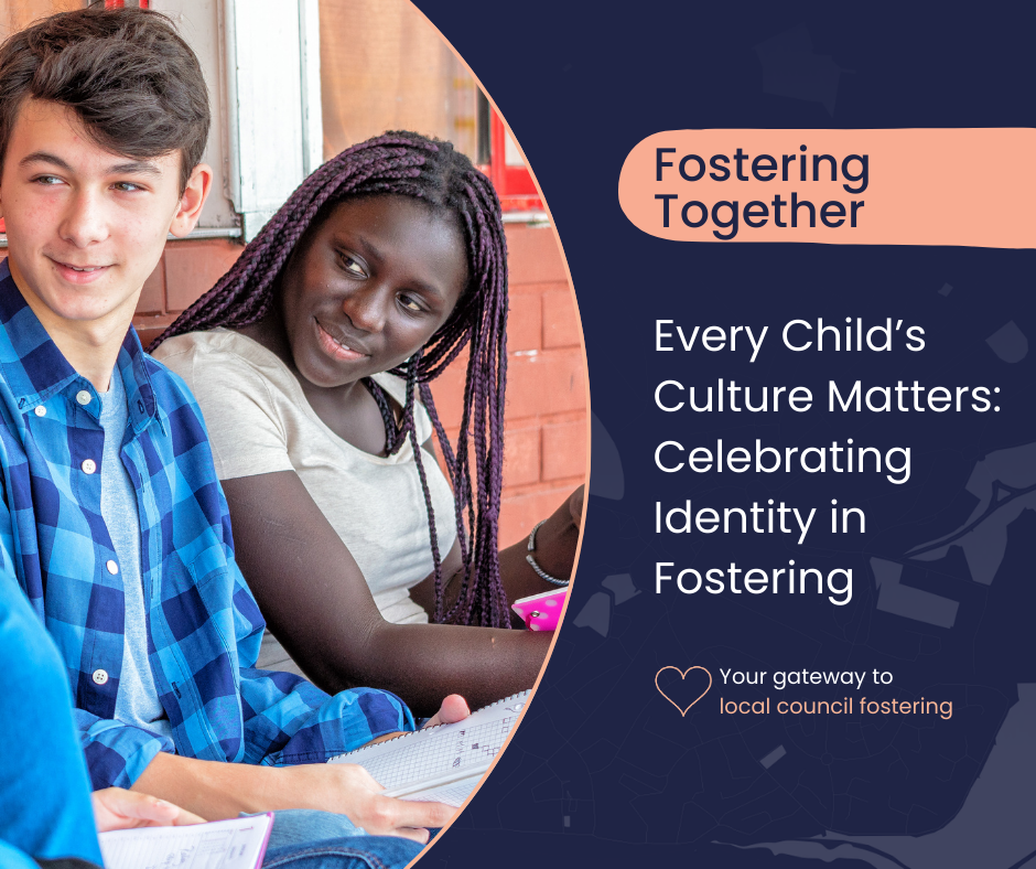 The image features two individuals sitting side by side in front of a brick wall, engaged in a relaxed conversation. The person on the left is wearing a blue plaid shirt over a light t-shirt and is holding a notebook, suggesting a thoughtful or reflective moment. The person on the right has long braided hair and is dressed in a light top, listening attentively. To the right of the photo, there’s a dark blue panel with an orange accent at the top. The text reads:
"Fostering Together
Every Child’s Culture Matters: Celebrating Identity in Fostering
Your gateway to local council fostering"