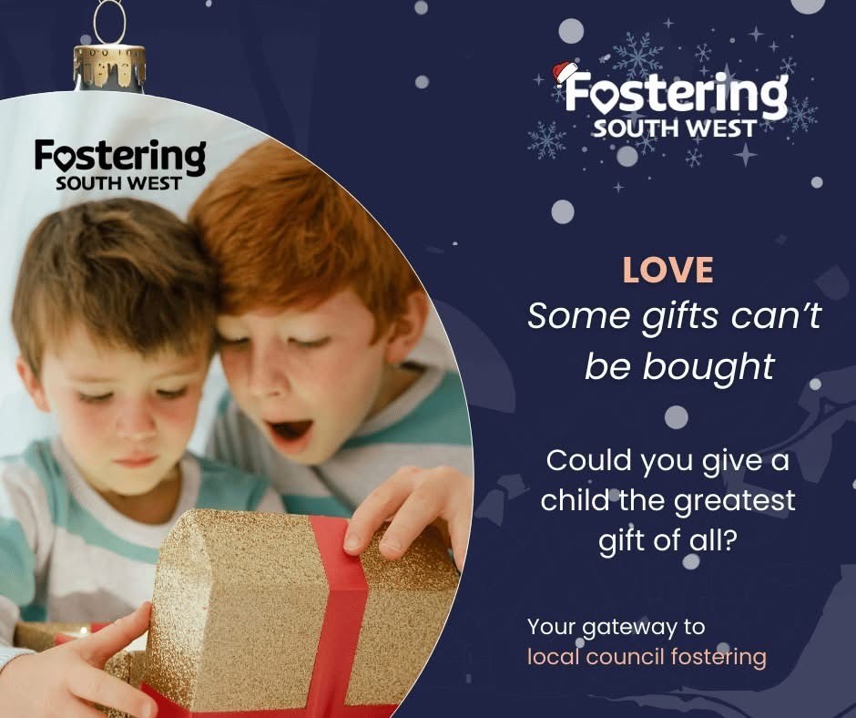 The image is a festive promotional graphic for Fostering South West. It features a circular ornament design on the left side with two children holding a glittery gold gift box wrapped with a bright red ribbon. The background is a deep navy blue with scattered white dots resembling snowflakes, adding a seasonal feel.
On the right side, the text reads:
LOVE
Some gifts can’t be bought
Could you give a child the greatest gift of all?
Your gateway to local council fostering
The Fostering South West logo appears at the top, decorated with a small Santa hat and snowflake accents, reinforcing the Christmas theme. The overall design conveys warmth, care, and the message that fostering provides invaluable gifts beyond material presents.