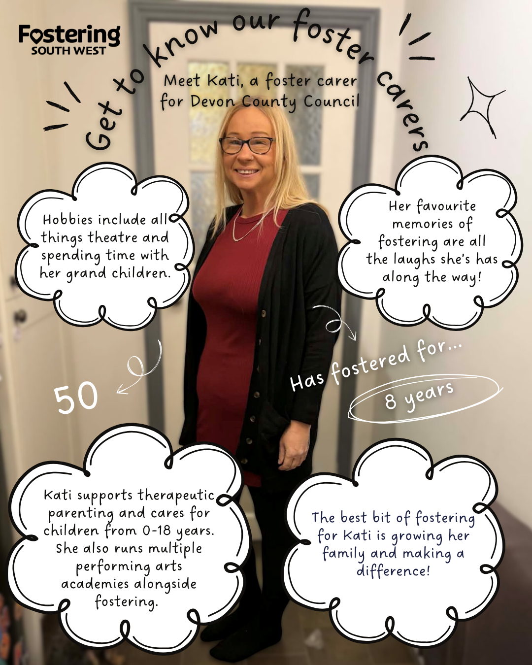 Poster from Fostering South West featuring a full-length portrait of a foster carer standing indoors, in front of a doorway, with a softly blurred home setting. Decorative handwritten-style text and speech bubbles surround the image. The heading reads: “Get to know our foster carers. Meet Kati, a foster carer for Devon County Council.” Additional text states: “Has fostered for 8 years” and “50.” Speech bubbles note hobbies including theatre and spending time with grandchildren. Other text explains that Kati supports therapeutic parenting and cares for children aged 0–18 years, and also runs multiple performing arts academies alongside fostering. One speech bubble shares that favourite memories of fostering are all the laughs along the way, while another says: “The best bit of fostering for Kati is growing her family and making a difference!”