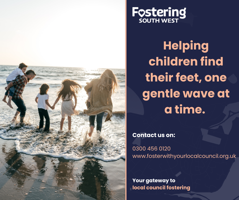 A family walks and splashes in shallow waves at the beach during sunset. The scene is warm and joyful. Beside the image is Fostering South West branding with the text: “Helping children find their feet, one gentle wave at a time.”